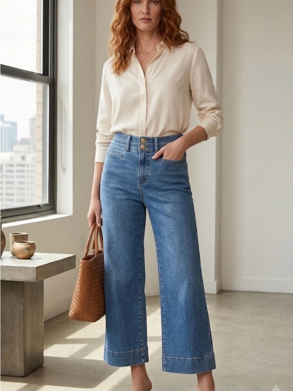 Ann Taylor High-Rise Wide Leg Jeans in Light Blue Wash
